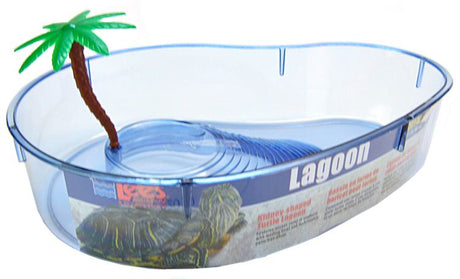 Large - 1 count Lees Kidney Shaped Turtle Lagoon with Access Ramp to Feeding Bowl and Palm Tree Decor