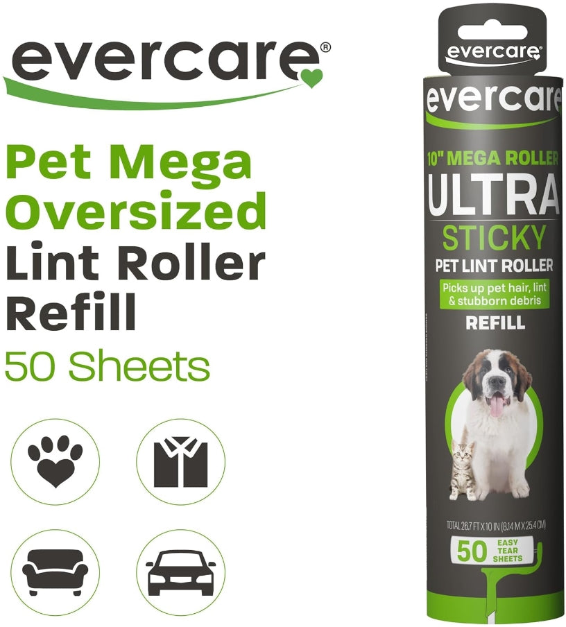 8 count Evercare Mega Roller Ultra Sticky Pet Lint Roller 10 Inch Refill