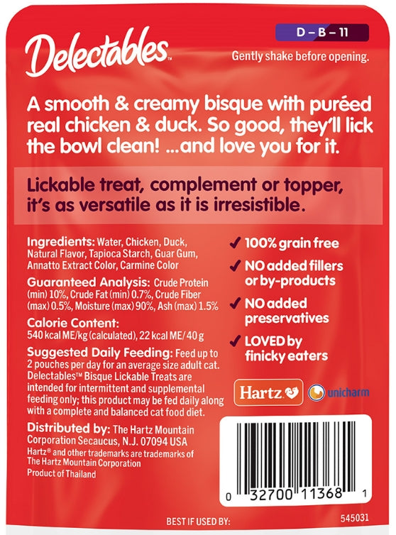 12 count (12 x 1 ct) Hartz Delectables Bisque Lickable Treat for Cats Chicken and Duck