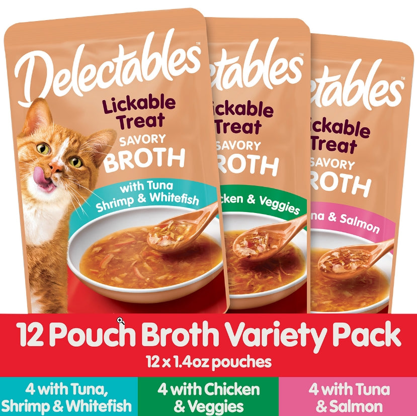 36 count (3 x 12 ct) Hartz Delectables Savory Broth Lickable Treat for Cats Variety Pack
