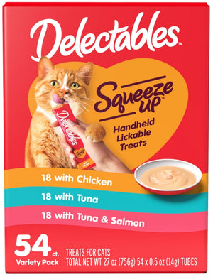 144 count (2 x 72 ct) Hartz Delectables Squeeze Up Cat Treat Variety Pack Chicken Tuna and Salmon