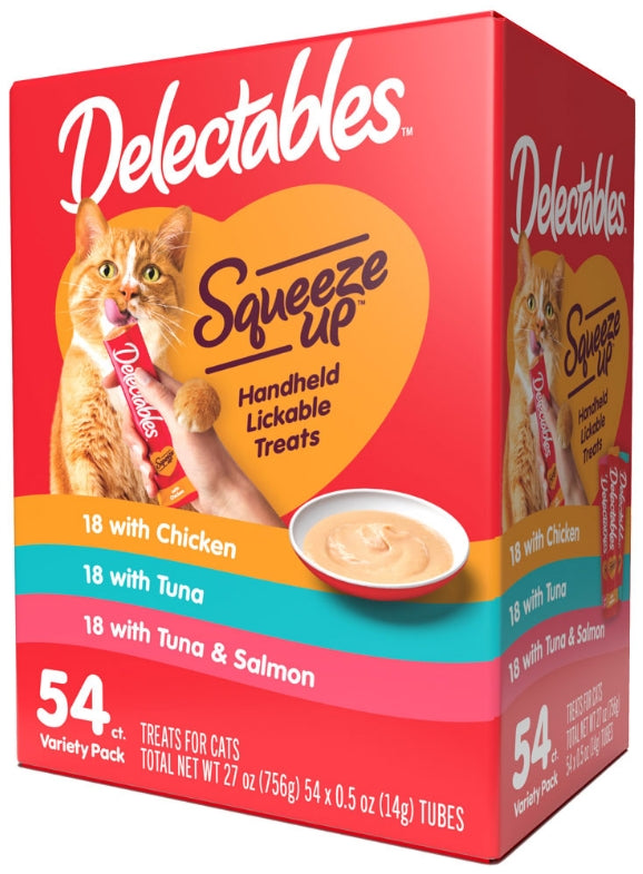 144 count (2 x 72 ct) Hartz Delectables Squeeze Up Cat Treat Variety Pack Chicken Tuna and Salmon