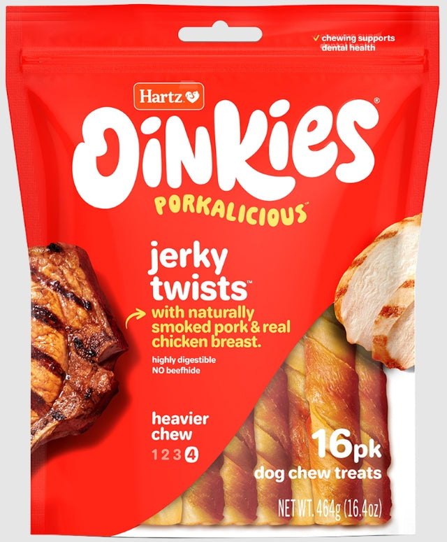 48 count (3 x 16 ct) Hartz Oinkies Porkalicious Jerky Twists for Dogs