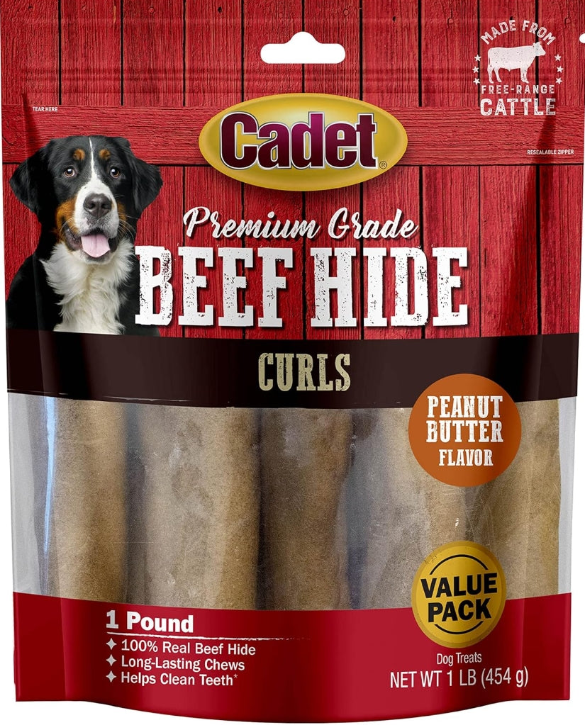 3 lbs (3 x 1 lb) Cadet Premium Grade Beef Hide Chew Curls Peanut Butter Flavor