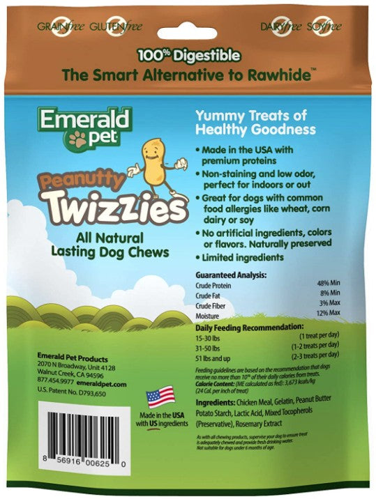 24 count (4 x 6 ct) Emerald Pet Peanutty Twizzies Natural Dog Chews