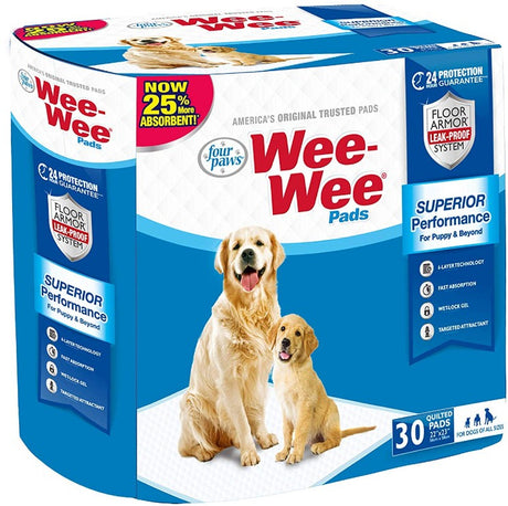 30 count Four Paws Original Wee Wee Pads Floor Armor Leak-Proof System for All Dogs and Puppies