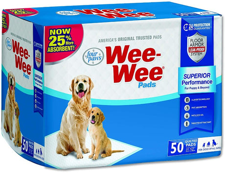 50 count Four Paws Original Wee Wee Pads Floor Armor Leak-Proof System for All Dogs and Puppies