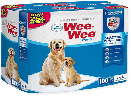 100 count (bag) Four Paws Original Wee Wee Pads Floor Armor Leak-Proof System for All Dogs and Puppies