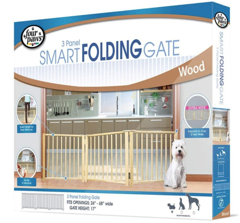 Four Paws 3 Panel Smart Folding Wood Gate for Pets - PetMountain.com