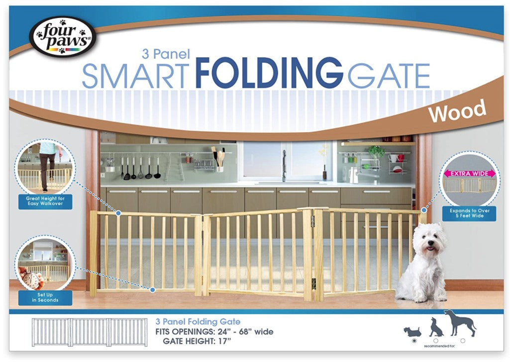 Four Paws 3 Panel Smart Folding Wood Gate for Pets - PetMountain.com