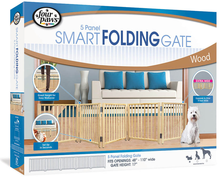 Four Paws 5 Panel Smart Folding Wood Pet Gate Extra Wide - PetMountain.com
