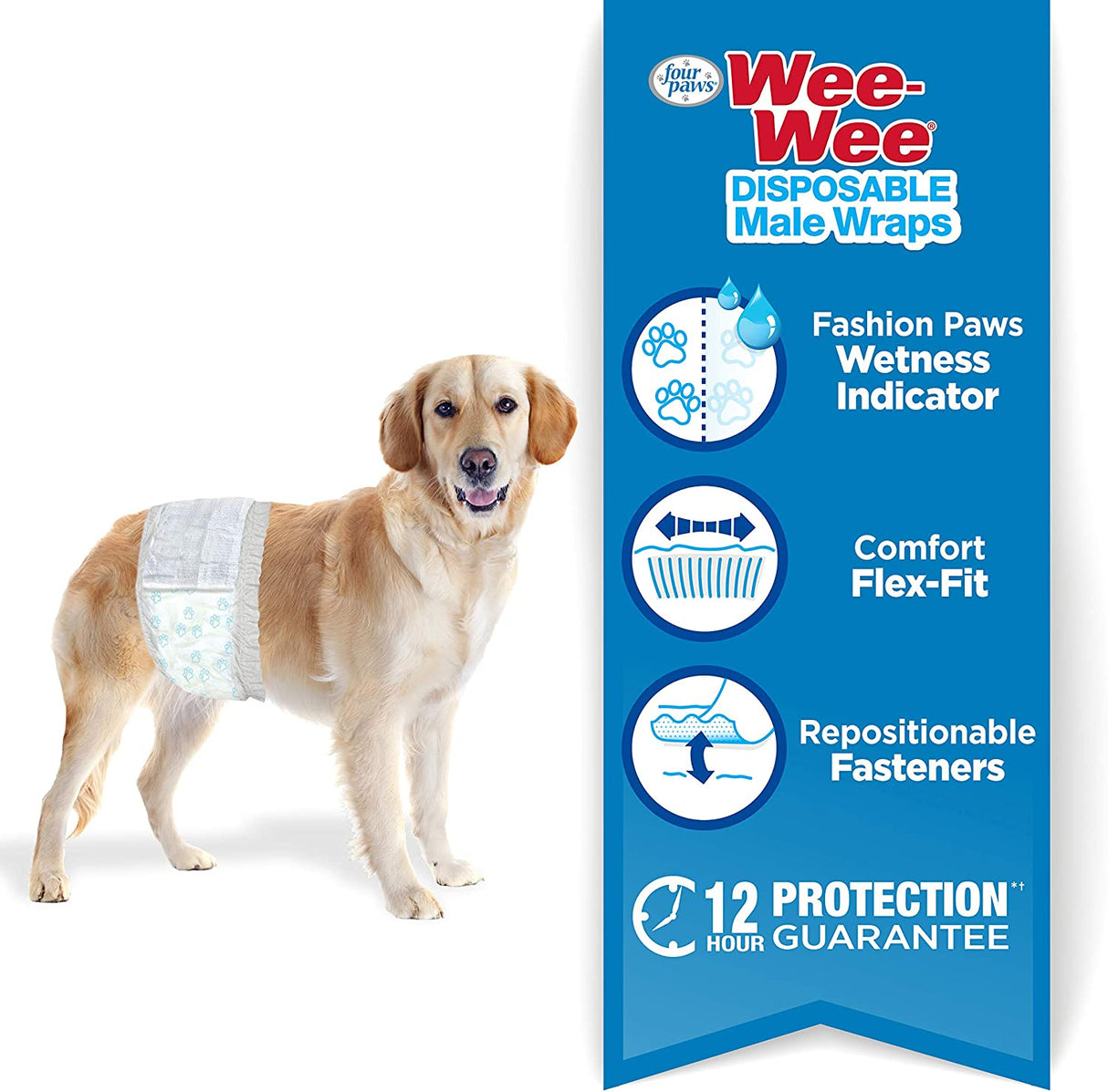 36 count (3 x 12 ct) Four Paws Wee Wee Disposable Male Dog Wraps Medium/Large