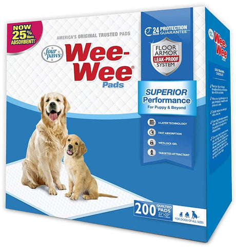 200 count Four Paws Original Wee Wee Pads Floor Armor Leak-Proof System for All Dogs and Puppies