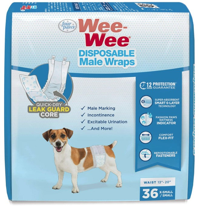 108 count (3 x 36 ct) Four Paws Wee Wee Disposable Male Dog Wraps X-Small/Small