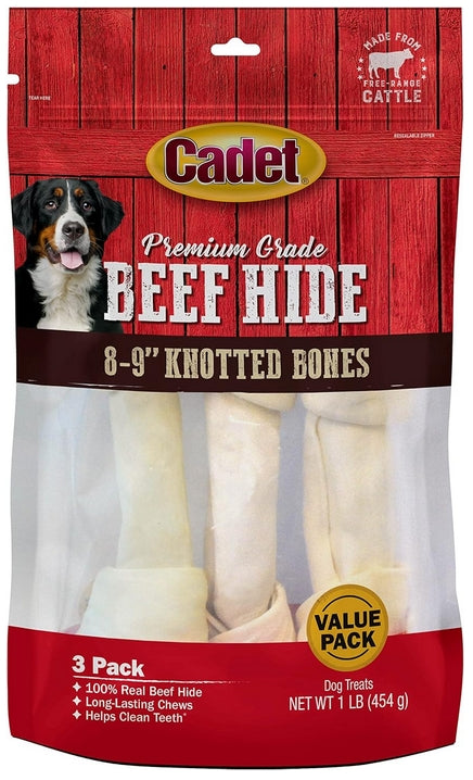 9 count (3 x 3 ct) Cadet Premium Grade Beef Hide Knotted Bones 8 Inch