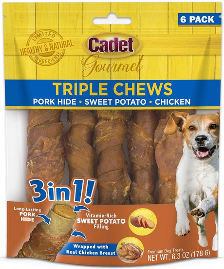 6 count Cadet Gourmet Pork Hide Triple Chews with Chicken and Sweet Potato
