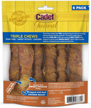 72 count (12 x 6 ct) Cadet Gourmet Pork Hide Triple Chews with Chicken and Sweet Potato