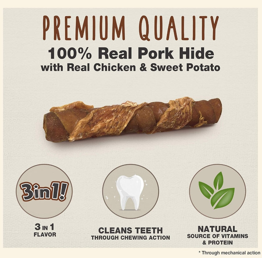 72 count (12 x 6 ct) Cadet Gourmet Pork Hide Triple Chews with Chicken and Sweet Potato