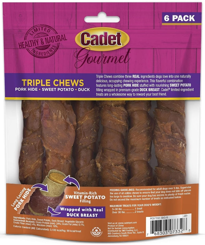 6 count Cadet Gourmet Pork Hide Triple Chews with Duck and Sweet Potato