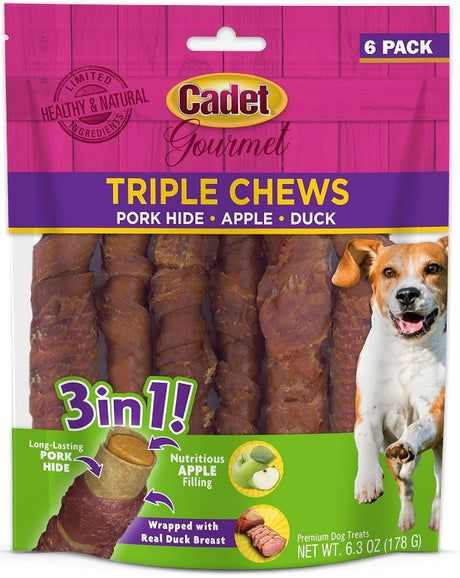54 count (9 x 6 ct) Cadet Gourmet Pork Hide Triple Chews with Duck and Apple