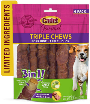 6 count Cadet Gourmet Pork Hide Triple Chews with Duck and Apple