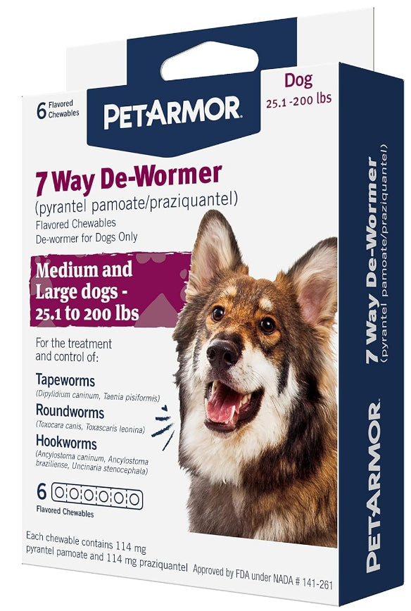 6 count (3 x 2 ct) PetArmor 7 Way De-Wormer for Medium to Large Dogs 25-200 Pounds