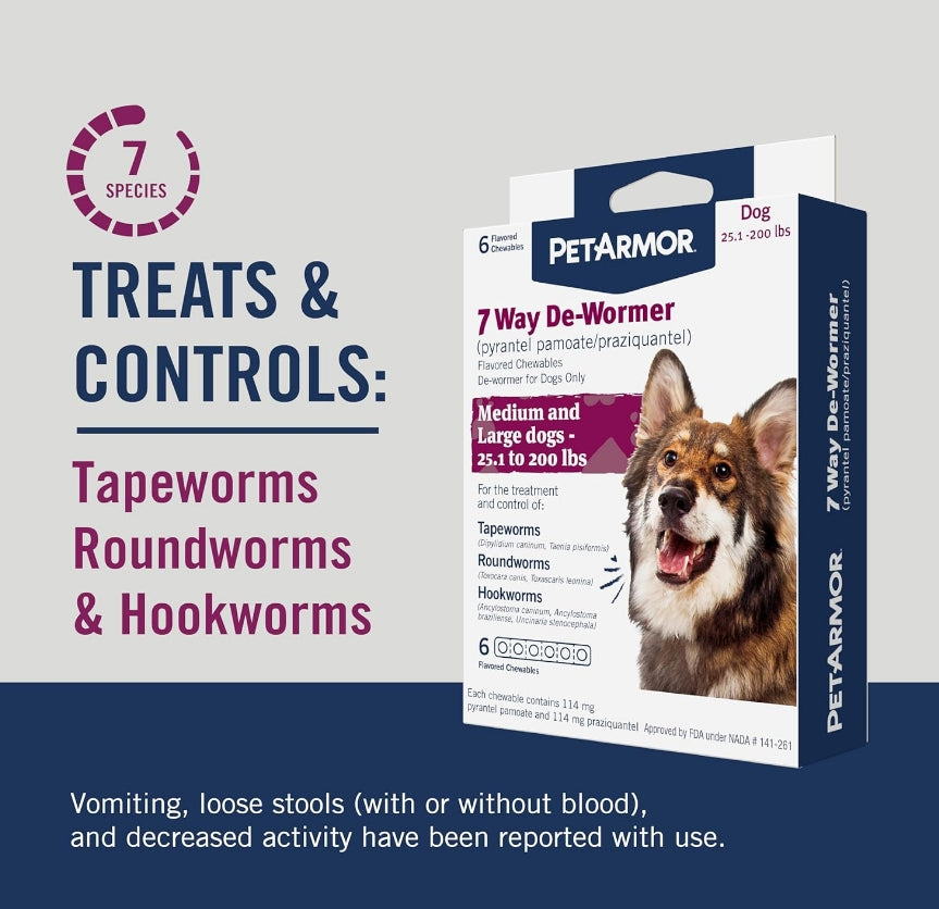 6 count (3 x 2 ct) PetArmor 7 Way De-Wormer for Medium to Large Dogs 25-200 Pounds