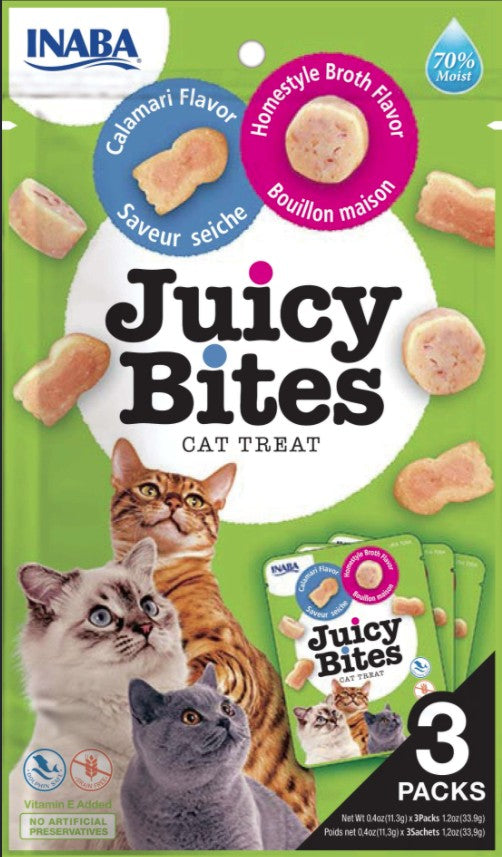 3 count Inaba Juicy Bites Cat Treat Homestyle Broth and Calamari Flavor