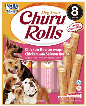 Inaba Churu Rolls Dog Treat Chicken Recipe wraps Chicken with Salmon Recipe - PetMountain.com
