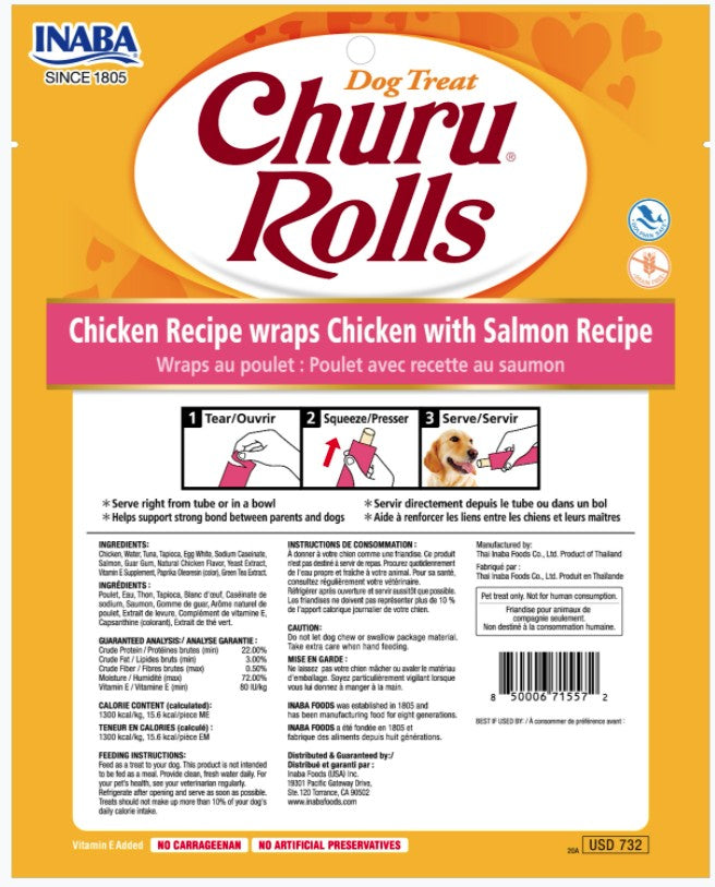 Inaba Churu Rolls Dog Treat Chicken Recipe wraps Chicken with Salmon Recipe - PetMountain.com