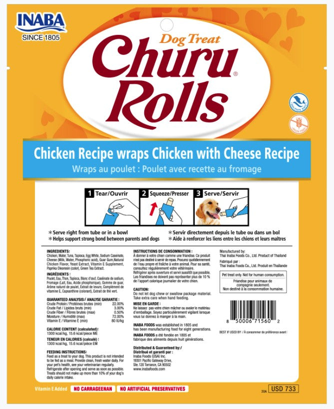 48 count (6 x 8 ct) Inaba Churu Rolls Dog Treat Chicken Recipe wraps Chicken with Cheese Recipe