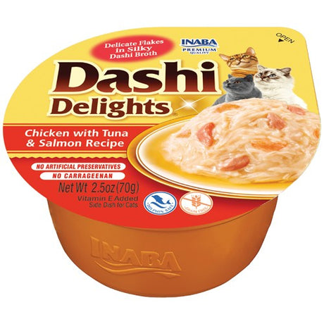 2.5 oz Inaba Dashi Delights Chicken with Tuna & Salmon Flavored Bits in Broth Cat Food Topping