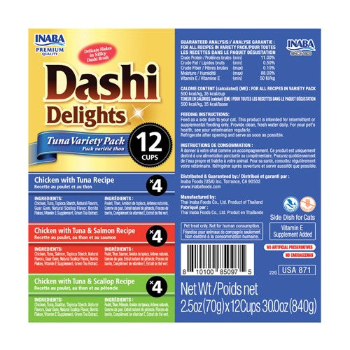 36 count (3 x 12 ct) Inaba Dashi Delight Tuna Flavored Variety Pack Bits in Broth Cat Food Topping