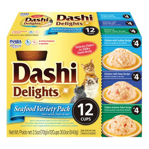 12 count Inaba Dashi Delight Seafood Flavored Variety Pack Bits in Broth Cat Food Topping