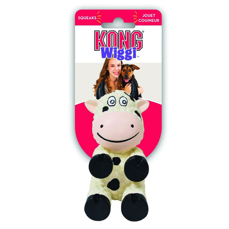 Small - 1 count KONG Wiggi Cow Squeaker Dog Toy