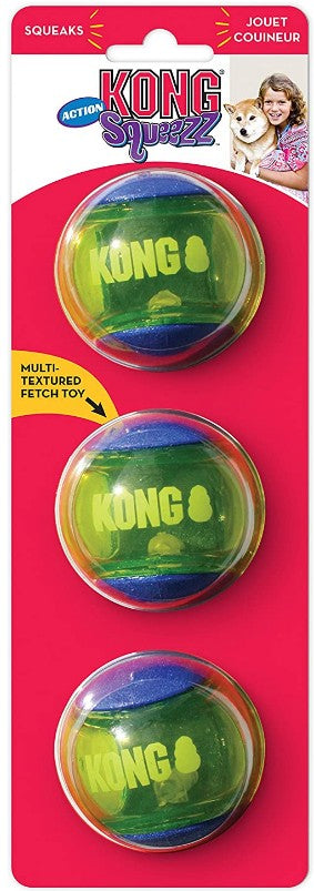 3 count KONG Squeezz Action Squeaker Ball Blue Dog Toy Medium