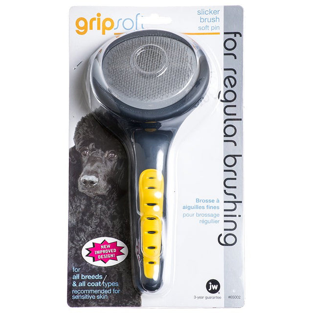 JW Pet GripSoft Slicker Brush with Soft Pins for Regular Brushing for All Breeds and Coat Types - PetMountain.com
