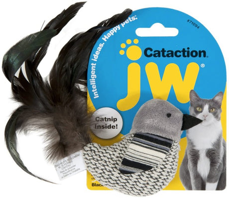 JW Pet Cataction Catnip Black and White Bird Cat Toy With Feather Tail - PetMountain.com
