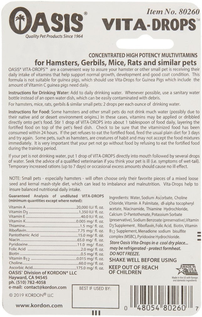 6 oz (3 x 2 oz) Oasis Vita-Drops High Potency Hamster Daily Multivitamins