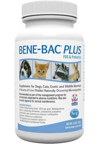 4.5 oz PetAg Bene-Bac Plus Powder Fos Prebiotic and Probiotic for Dogs, Cats, Exotic and Wildlife Mammals