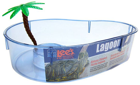 Small - 1 count Lees Kidney Shaped Turtle Lagoon with Access Ramp to Feeding Bowl and Palm Tree Decor