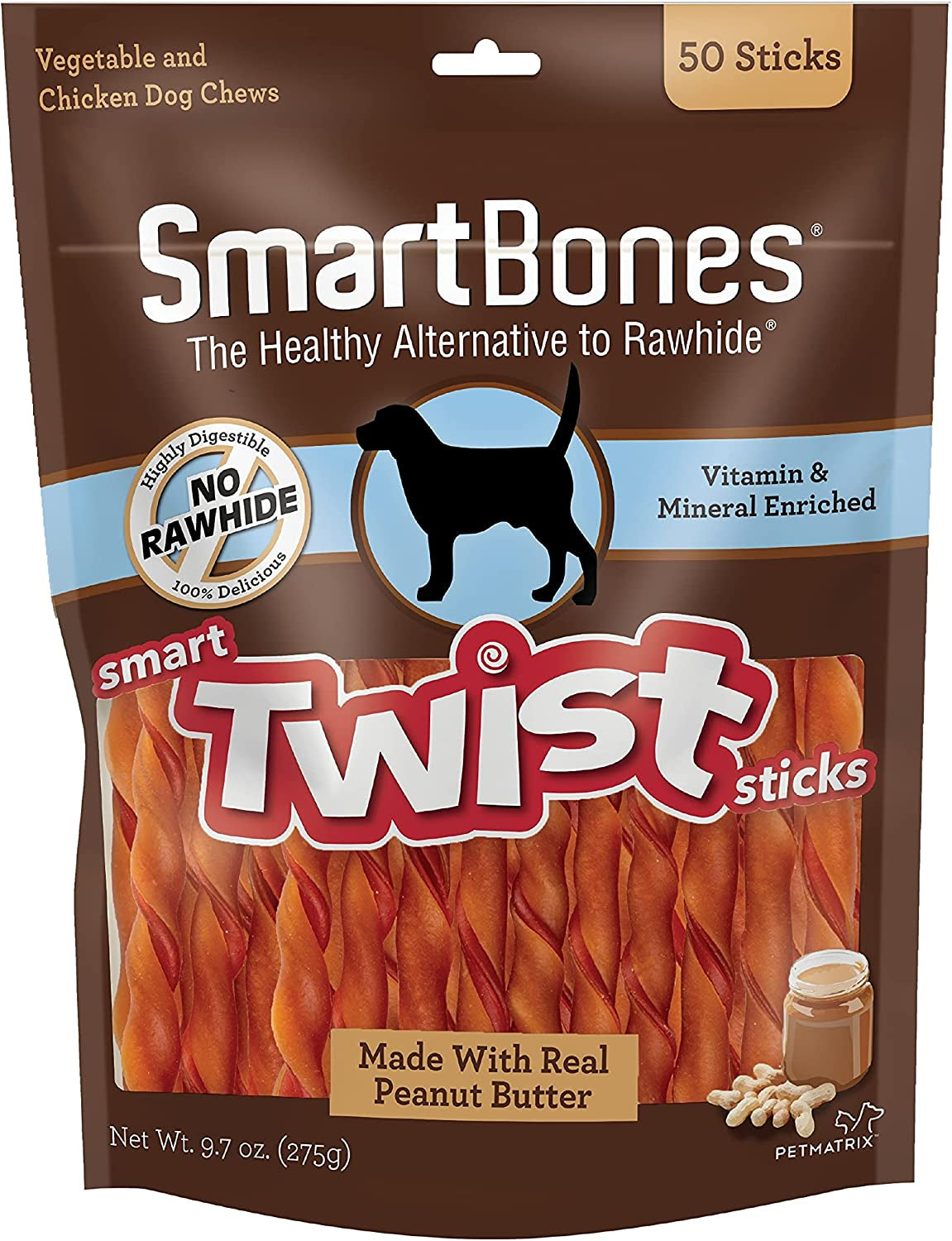 50 count (10 x 50 ct) SmartBones Vegetable, Chicken and Peanut Butter Smart Twist Sticks Rawhide Free Dog Chew
