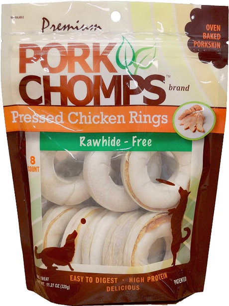 32 count (4 x 8 ct) Pork Chomps Pressed Chicken Rings Dog Treats