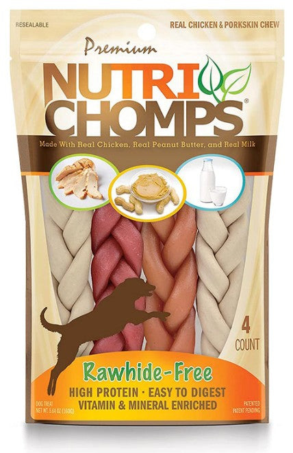 24 count (6 x 4 ct) Pork Chomps Premium Nutri Chomps Rawhide Free Chicken, Peanut Butter, Milk Dog Treats