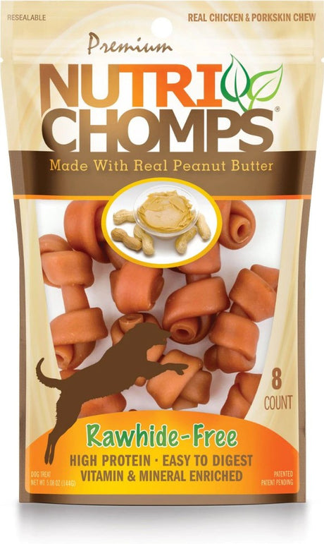 8 count Nutri Chomps Rawhide Free Real Chicken and Porkskin Mini Dog Chews with Real Peanut Butter