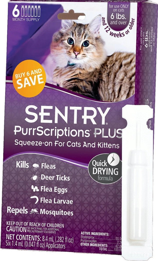 18 count (3 x 6 ct) Sentry PurrScriptions Plus Squeeze-On Flea and Tick Control for Large Cats and Kittens