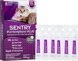 6 count Sentry PurrScriptions Plus Squeeze-On Flea and Tick Control for Large Cats and Kittens