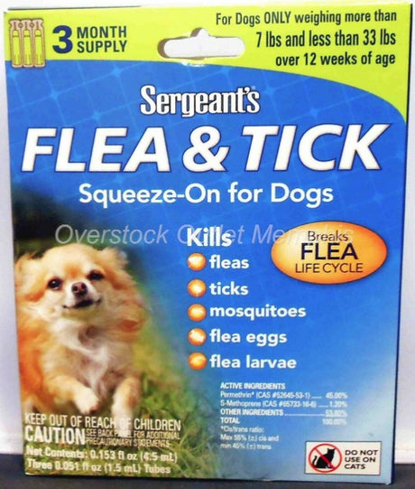 18 count (6 x 3 ct) Sergeants Flea and Tick Squeeze-On for Dogs Under 33 lbs