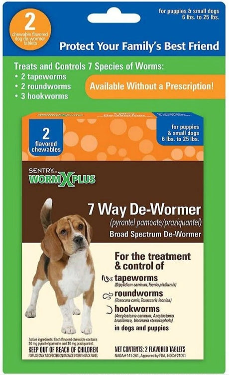 6 count (3 x 2 ct) Sentry Worm X Plus 7 Way De-Wormer Broad Spectrum for Puppies and Small Dogs