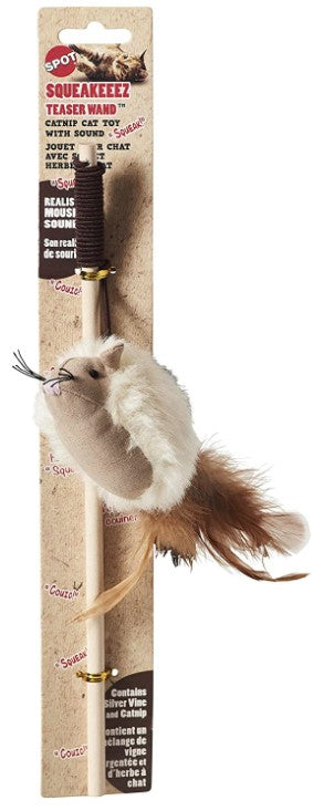 Spot Squeakeeez Mouse Teaser Wand Cat Toy Assorted Colors - PetMountain.com